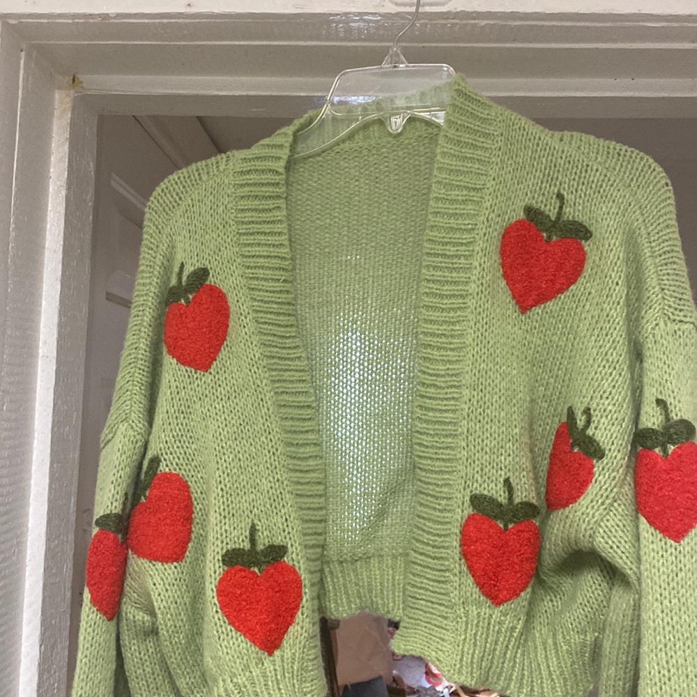 Cute green crap baggy cardigan with strawberry heart embroidery